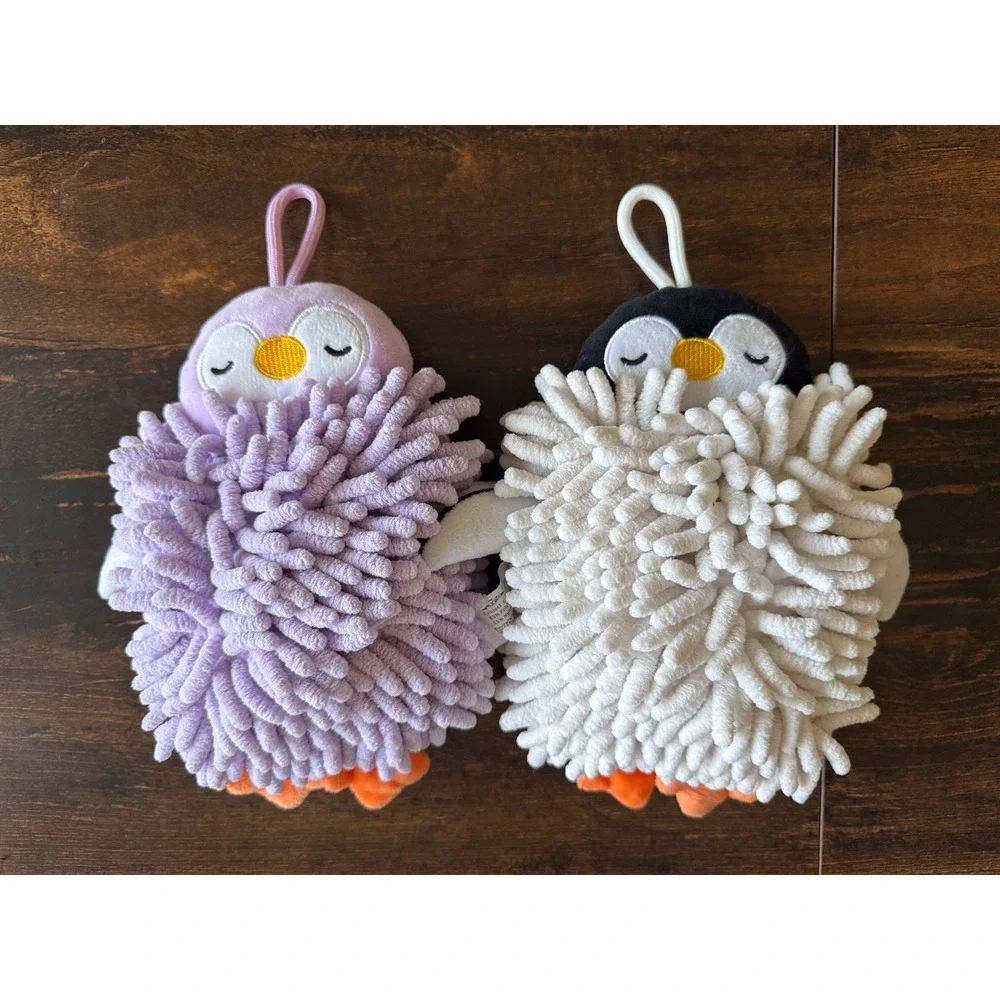 Set of 2 Penguin Chenille Microfiber Hand Towels Purple White Hanging Loops